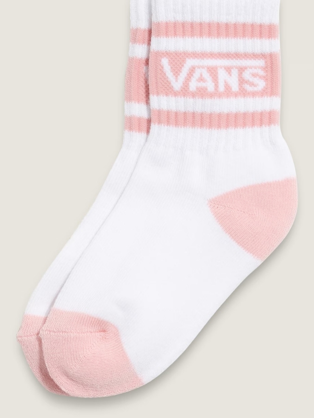 Vans White Crew Socks with Light Pink Logo & Accents